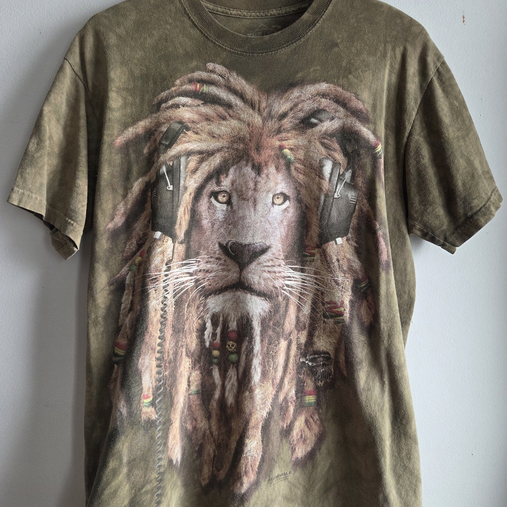 The Mountain Vintage Y2K DJ Jahman Rasta Lion Tie Dye Graphic Tee Shirt Green M
